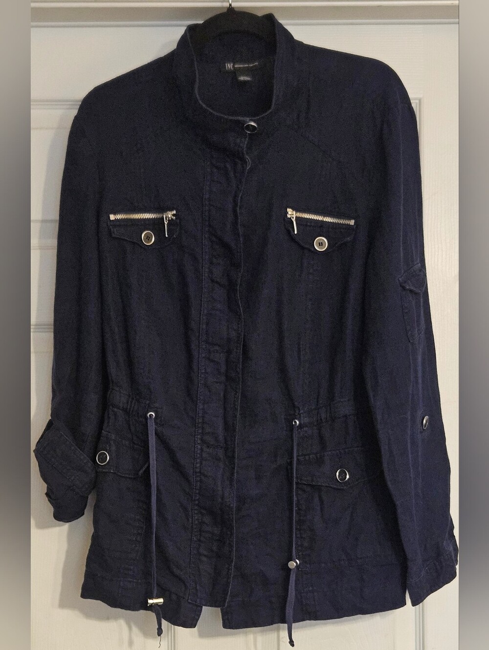 INC International Concepts Navy Utility Jacket with Zip Accents 100% Linen